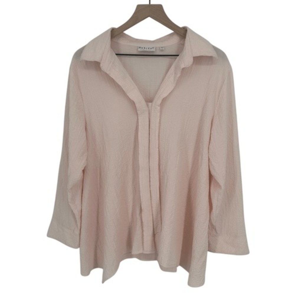 Habitat Blouse Top Women Large Pink Textured Sharkbite Hem Lagenlook Collared